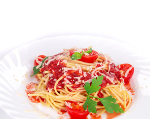 Spaghetti with tomato basil and cheese.