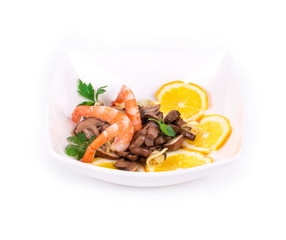 Shrimp salad with mushrooms close up.