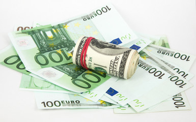 money, euro and dollars on a white background