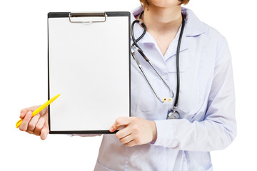 Nurse shows clipboard with blank paper isolated