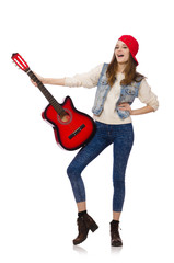 Young smiling girl with guitar isolated on white