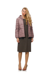 Pretty woman in winter lilac jacket isolated on white