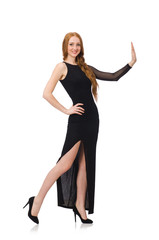 Fototapeta premium Young lady in elegant black dress isolated on white