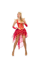 Queen in red dress isolated on white