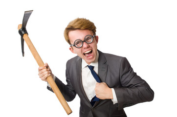 Young businessman with weapon isolated on white