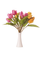 Vase with colourful tulips on white