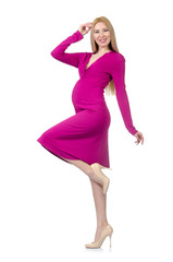 Pretty pregnant woman in pink dress isolated on white