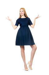 Fototapeta premium Beautiful pregnant woman in blue dress isolated on white
