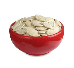 Pumpkin seeds in red bowl
