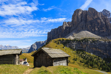 Wooden barn in Dolomites Mountains, Italy