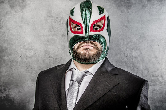 Businessman Angry With Mexican Wrestler Mask