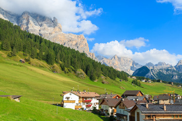 Fototapeta na wymiar Green meadow in San Cassiano village, Dolomites Mountains, Italy