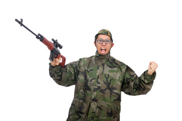 Military man with a gun isolated on white
