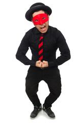 Young man with red mask isolated on white