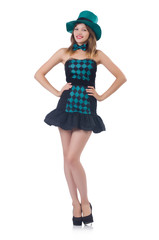 A girl in blue dress with bow-tie isolated on white