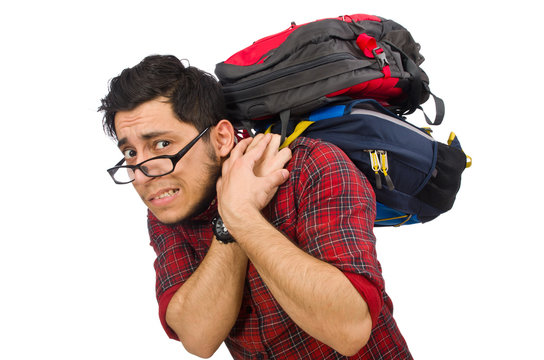 Young man with bags isolated on white