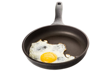 Fried egg in a frying pan over white background