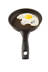 Fried egg in a frying pan over white background