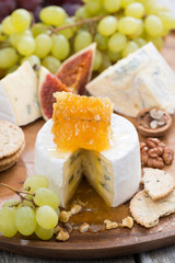camembert with honey and fruit close-up on wooden tray, vertical
