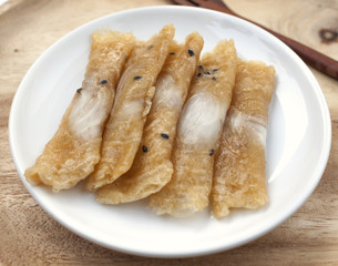 Closeup thai snack on wooden plate