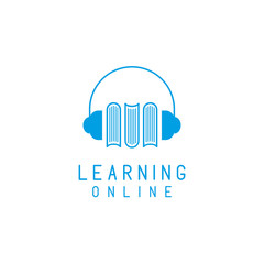 Online language learning logo, headphones and books