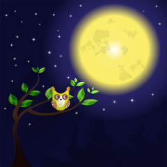 Naklejka premium Huge moon and owl on the tree