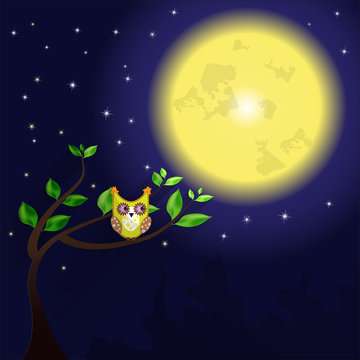 Huge moon and owl on the tree