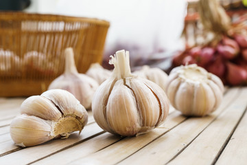 fresh garlic on bamboo floor
