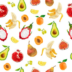 Seamless pattern in watercolor style. Berries, fruits, tropical