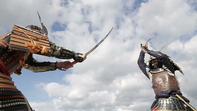 fight two Japanese samurai in the background of sky with clouds