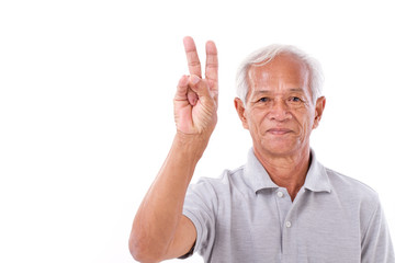 old man raising 2 fingers, victory gesture