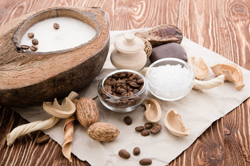 coffee beans, Spa stuff with candles in coconut