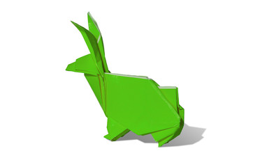 Green Origami rabbit isolated on white