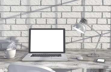 Fototapeta premium 3D illustration laptopand work stuff on table near brick wall