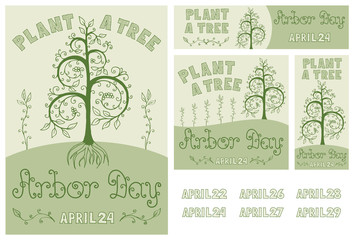 Arbor Day Set of Hand Drawn Poster, Card, Flyer and Banner