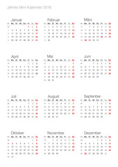 Deutscher Jahreskalender Mini 2016