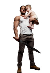Naklejka premium Father hugging a baby and holding a sword