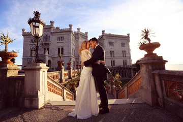 Bride and groom at castle