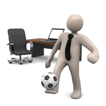 Cartoon M&auml;nnchen spielt Fussball im B&uuml;ro, 3D rendering