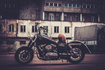 Custom made bobber motorcycle on a road