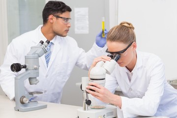 Scientists using microscope