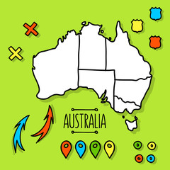 Freehand Australia travel map on green background with pins