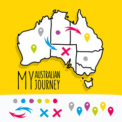 Hand drawn My Australian Journey map project with pins vector