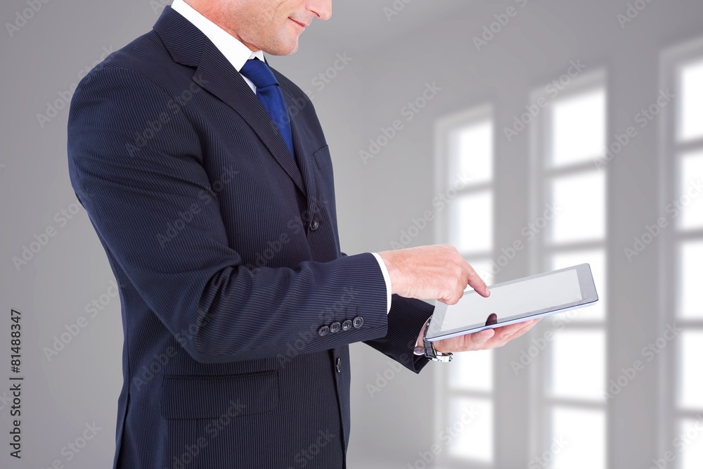 Poster composite image of mid section of a businessman with arms out