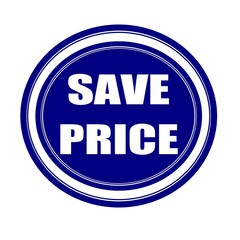 Save price white stamp text on blueblack