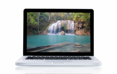 Laptop with landscape Erawan Waterfall
