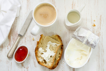 coffee with milk, bread and jam