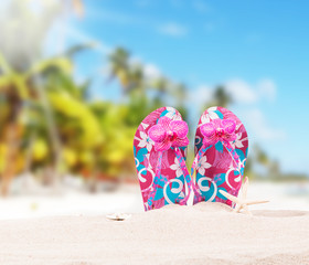  flip-flops with tropical beach background, summer accessories
