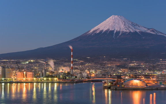 Night View of Mountain Fuji and Industry Zone Cityscape