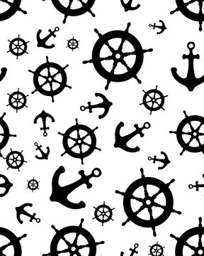 Seamless pattern with black silhouettes of rudder and anchor